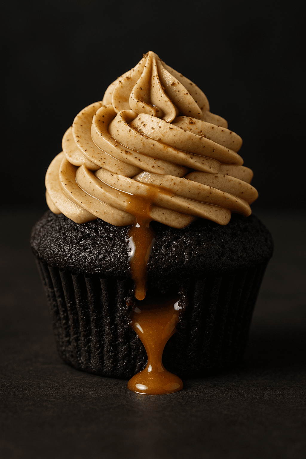 Rich dark chocolate gourmet cupcake with swirled frosting