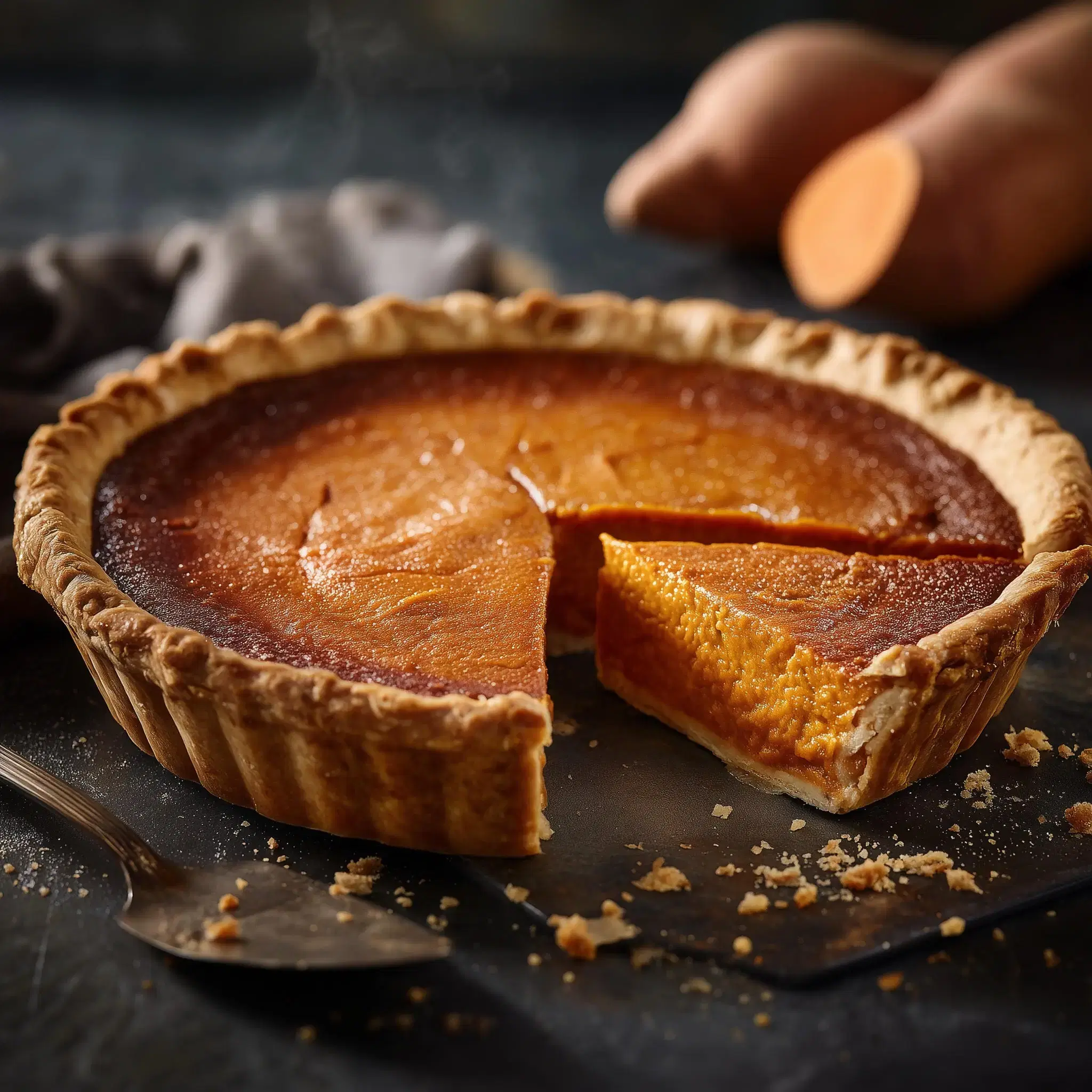 Homemade 9-inch southern sweet potato pie with golden crust